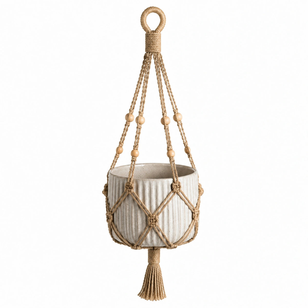 Pot de fleurs suspendu diamètre 16 cm en céramique et corde de coton beige style bohème