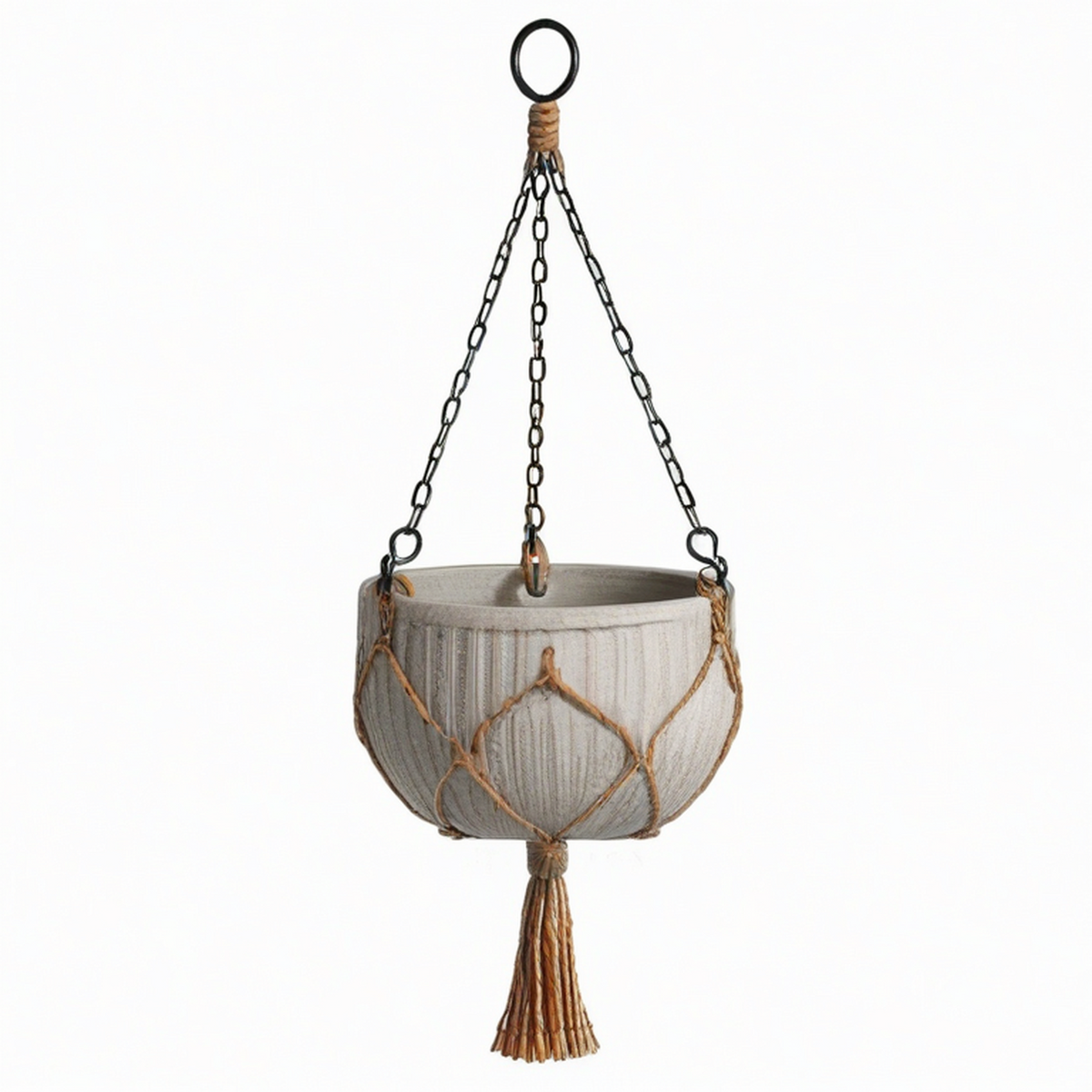 Cache-pot suspendu 25 cm en ciment gris avec corde et chaîne style bohème