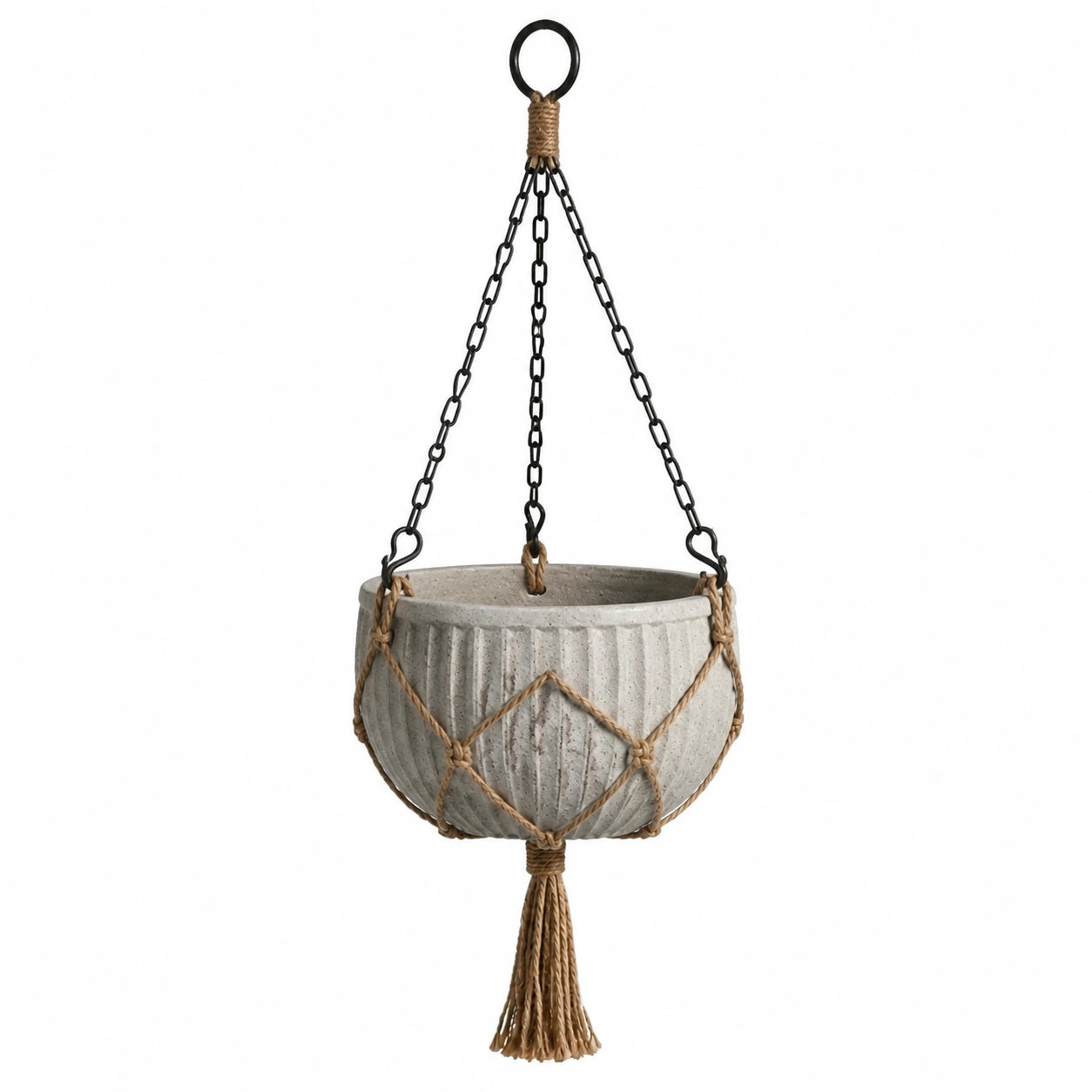Cache-pot suspendu 25 cm en ciment gris avec corde et chaîne style bohème