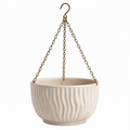 Pot de fleurs suspendu diamètre 20 cm en céramique ivoire avec chaînes métalliques décor strié