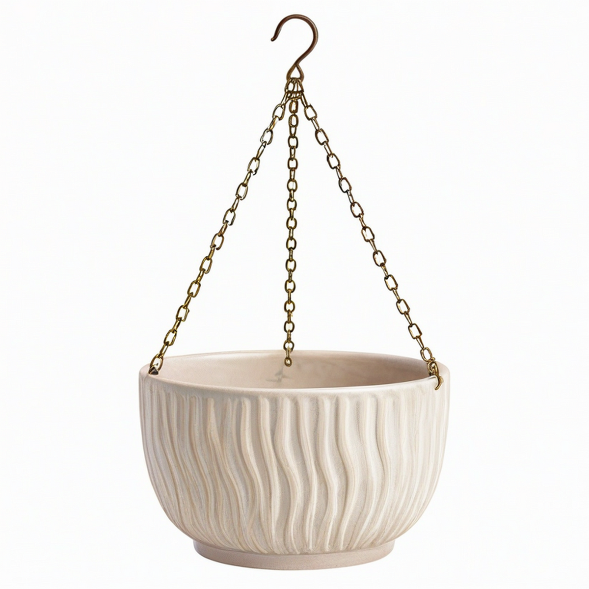Pot de fleurs suspendu diamètre 20 cm en céramique ivoire avec chaînes métalliques décor strié
