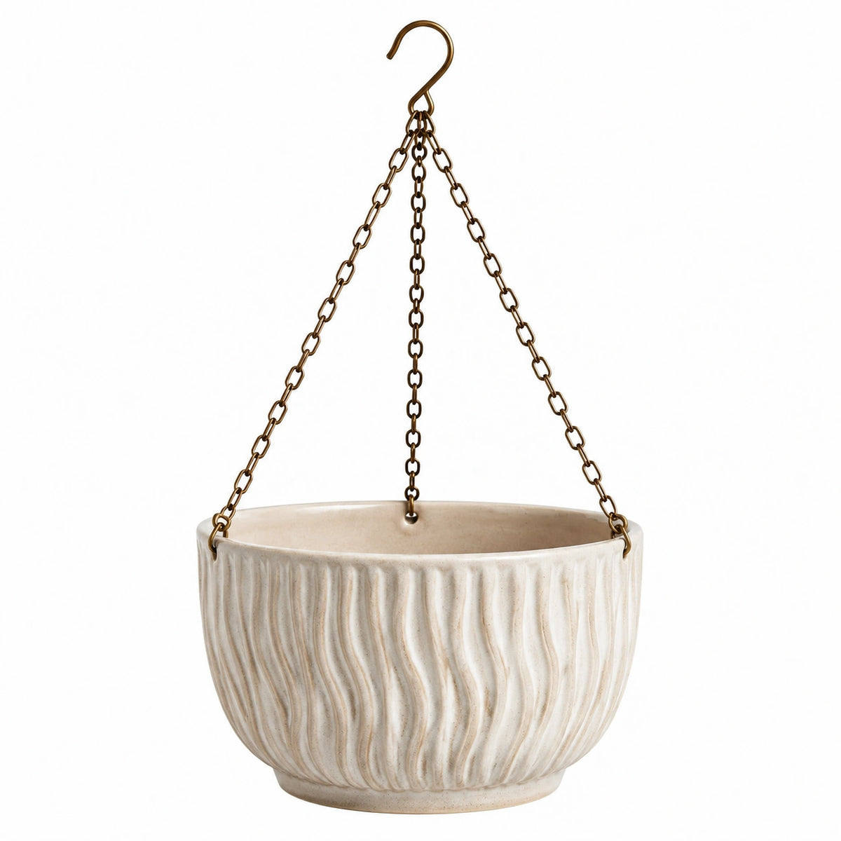 Pot de fleurs suspendu diamètre 20 cm en céramique ivoire avec chaînes métalliques décor strié