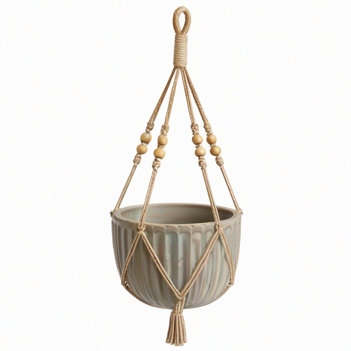 Pot de fleurs suspendu diamètre 18 cm en céramique gris avec corde en coton style bohème