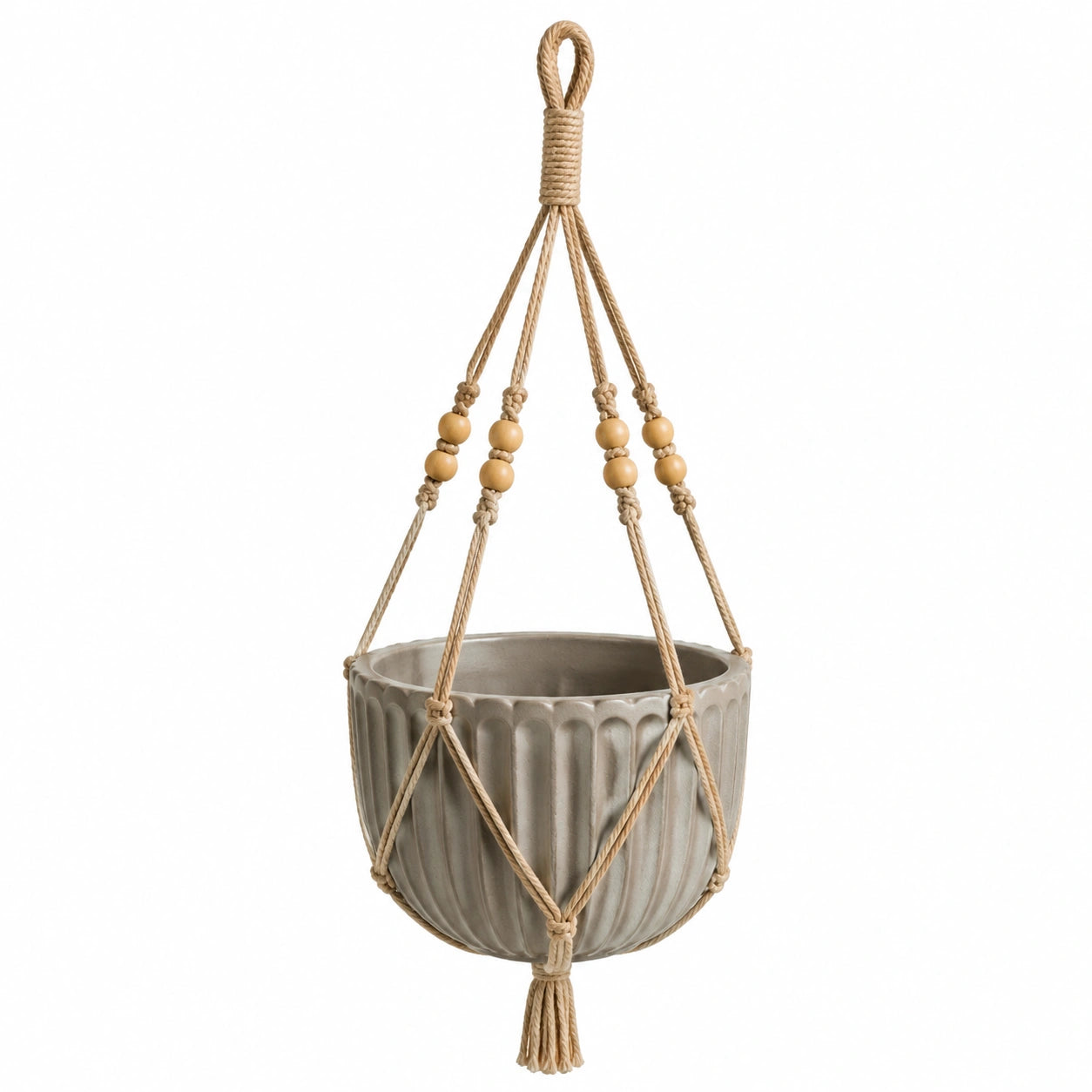 Pot de fleurs suspendu diamètre 18 cm en céramique gris avec corde en coton style bohème