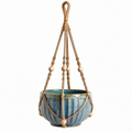 Suspension pour pot de fleurs diamètre 18 cm en céramique bleue avec corde tressée style bohème