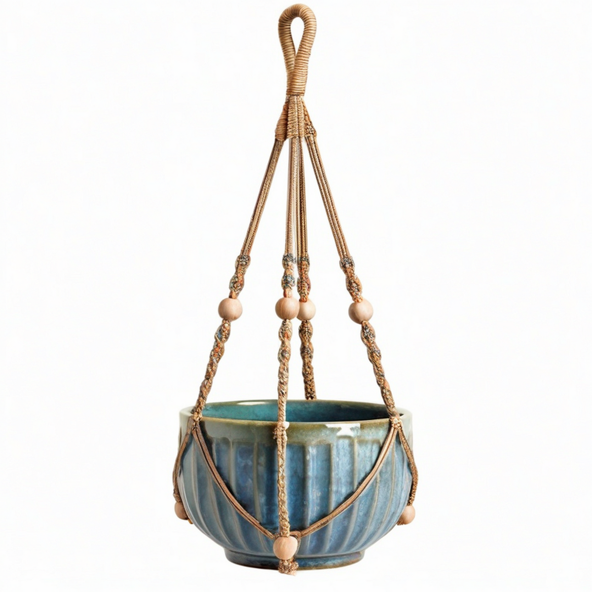 Suspension pour pot de fleurs diamètre 18 cm en céramique bleue avec corde tressée style bohème