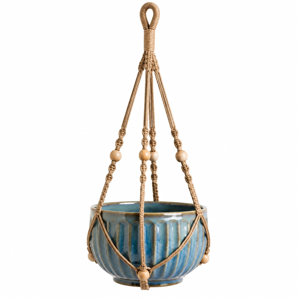 Suspension pour pot de fleurs diamètre 18 cm en céramique bleue avec corde tressée style bohème