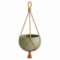 Pot de fleurs suspendu diamètre 20 cm en céramique vert avec corde style bohème