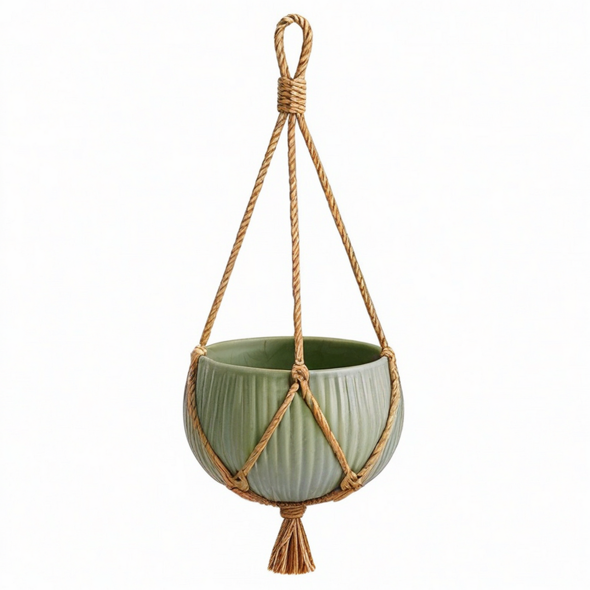 Pot de fleurs suspendu diamètre 20 cm en céramique vert avec corde style bohème
