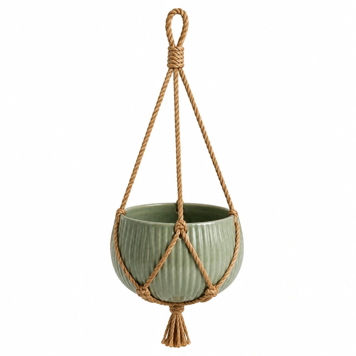 Pot de fleurs suspendu diamètre 20 cm en céramique vert avec corde style bohème