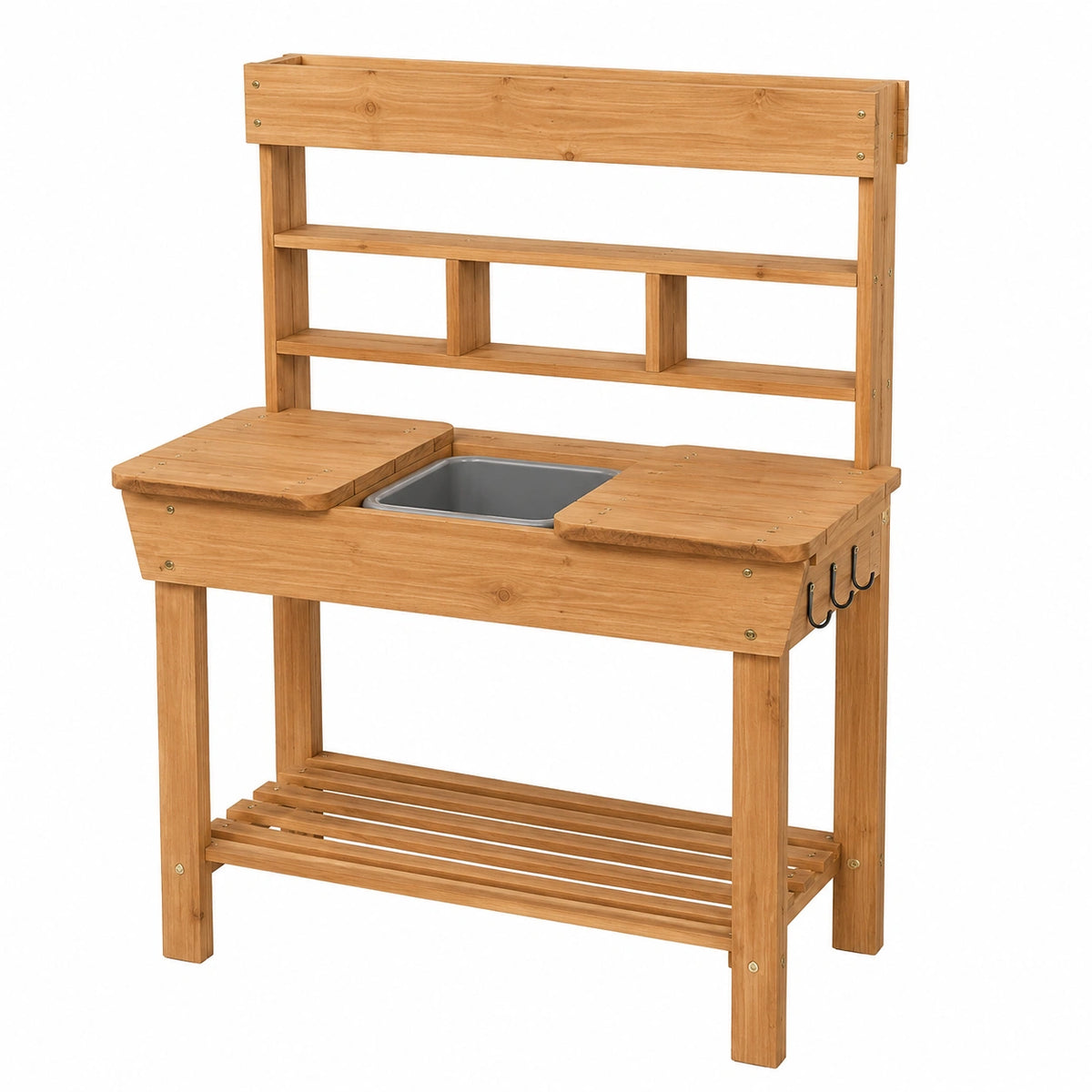 Table de jardinage 100 x 50 x 150 cm en bois naturel avec bac amovible et étagères de rangement