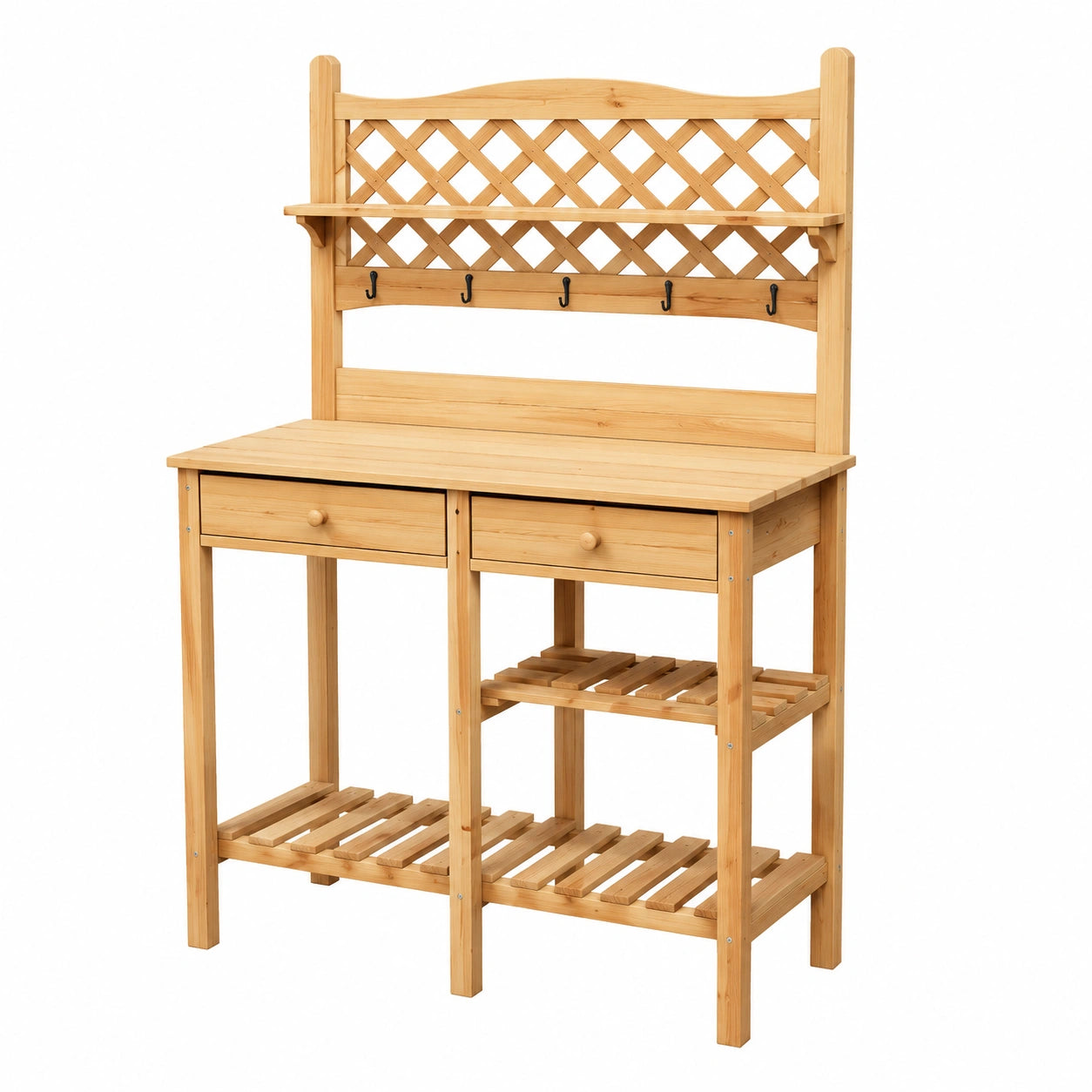 Table de jardinage 100 x 50 x 180 cm en bois naturel avec étagères et crochets