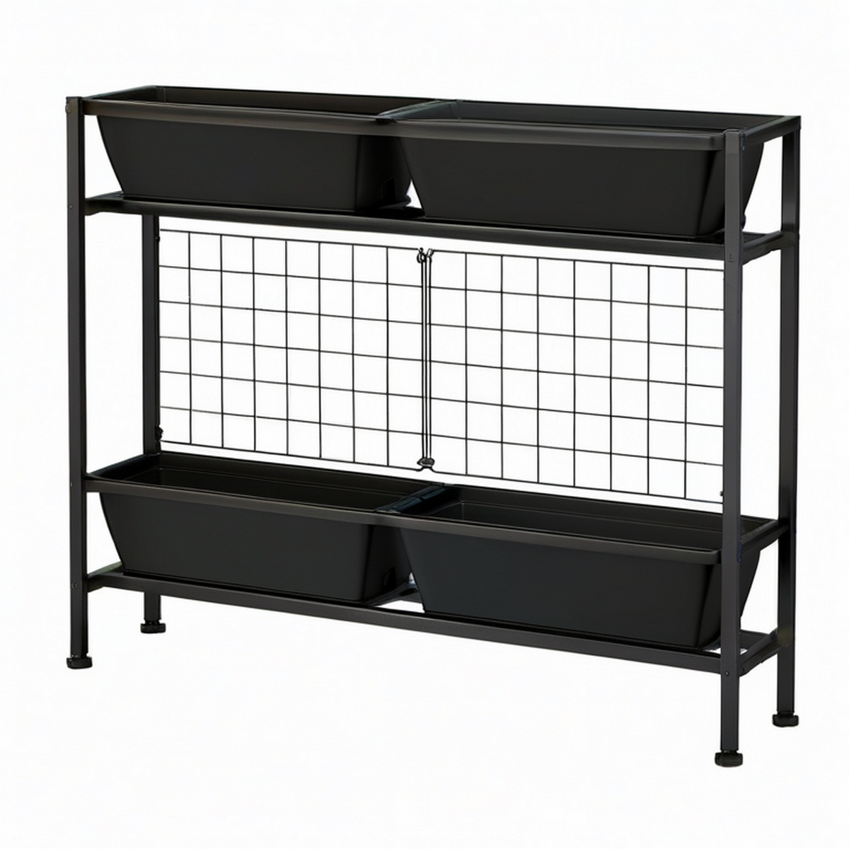 Jardinière surélevée 120 x 30 x 120 cm en acier et plastique noir avec 4 bacs et grille de support