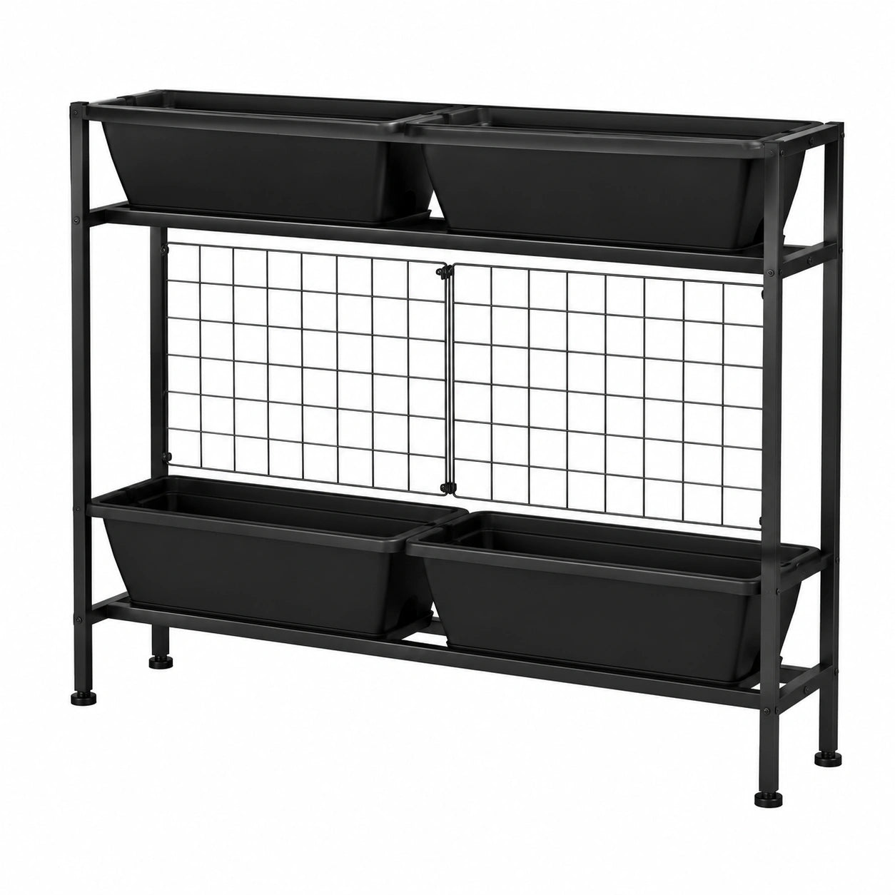 Jardinière surélevée 120 x 30 x 120 cm en acier et plastique noir avec 4 bacs et grille de support