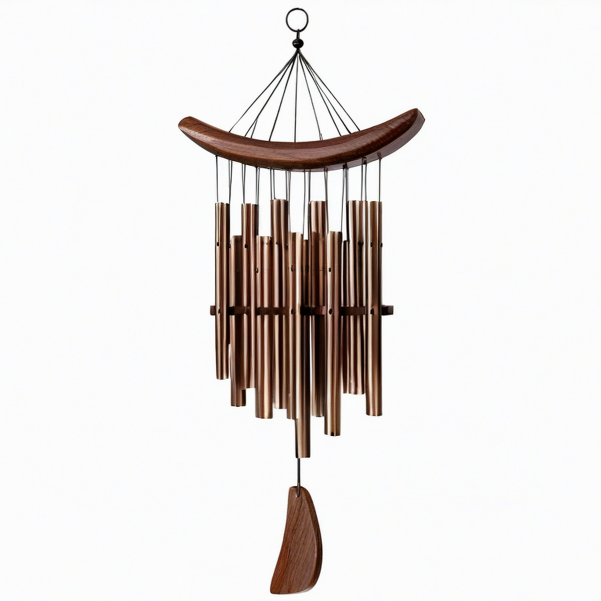 Carillon à vent 90 cm en métal et bois brun cuivré pour décoration extérieure rustique