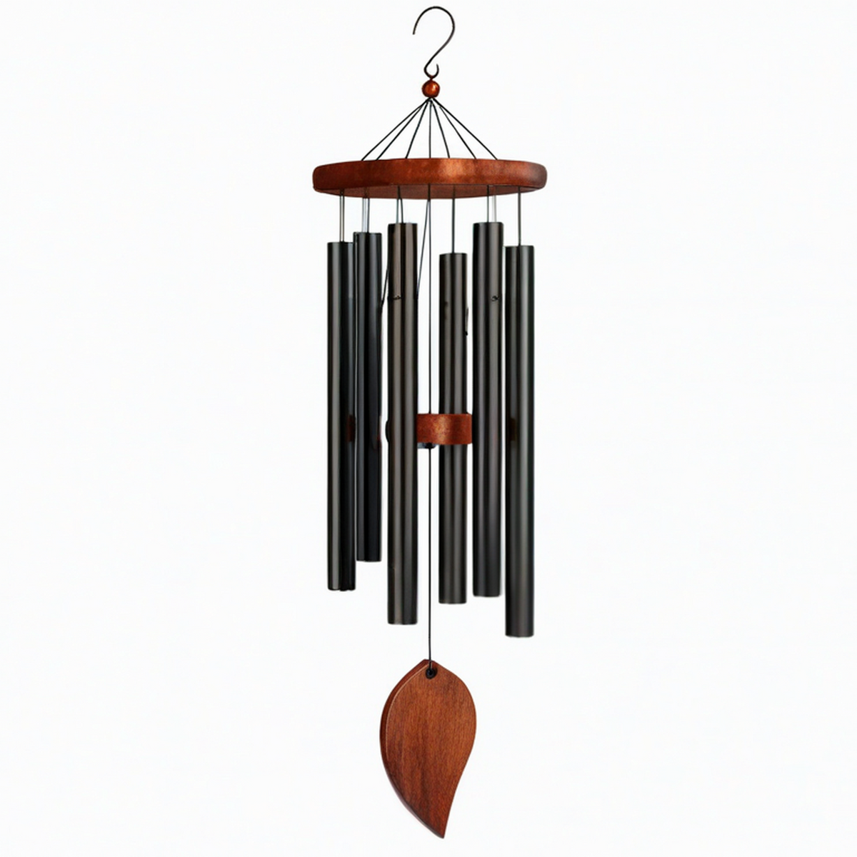 Carillon à vent 85 cm en métal noir et bois brun - décoration suspendue sonore