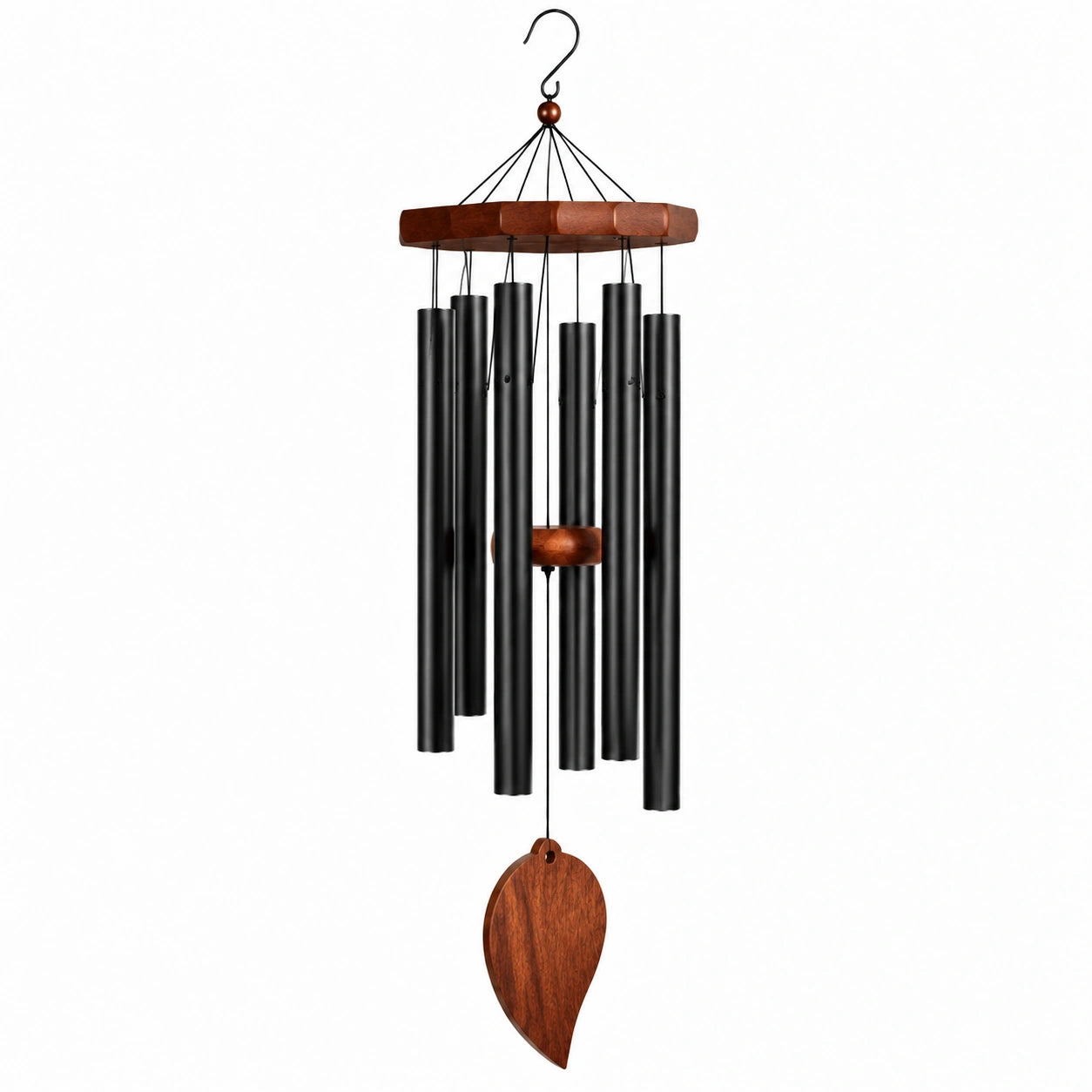 Carillon à vent 85 cm en métal noir et bois brun - décoration suspendue sonore