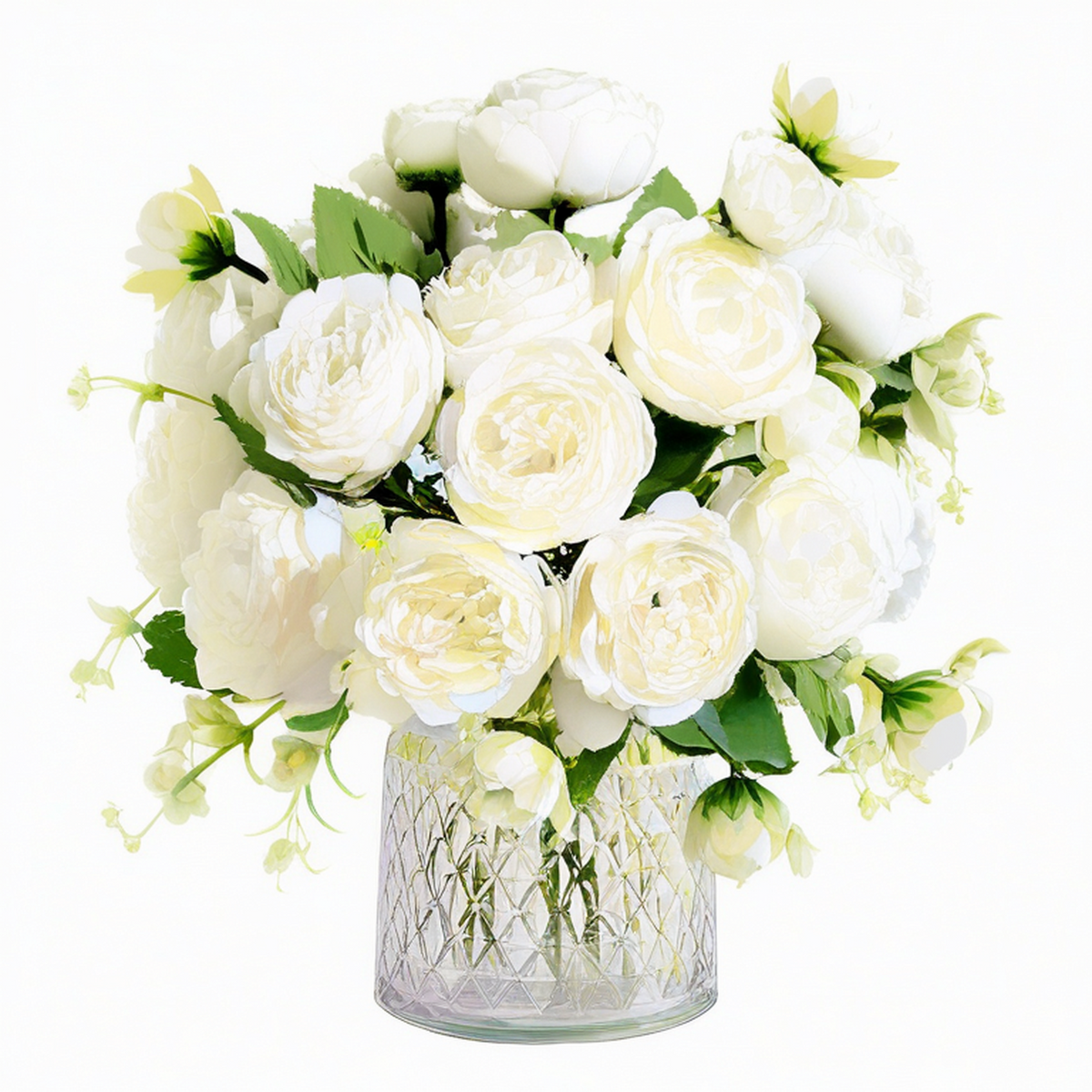 Composition florale artificielle en pot 50 cm fleurs blanches en tissu style romantique