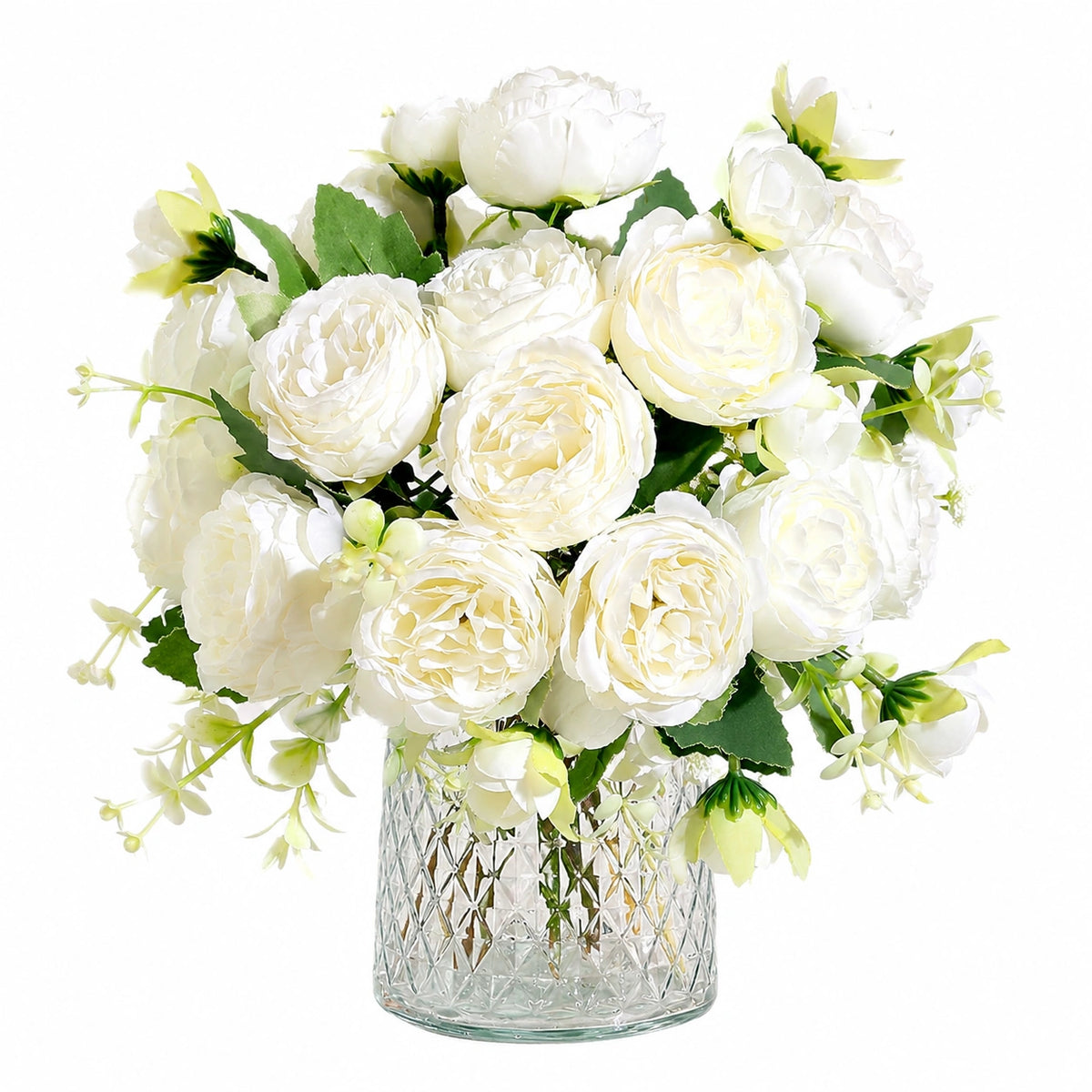 Composition florale artificielle en pot 50 cm fleurs blanches en tissu style romantique