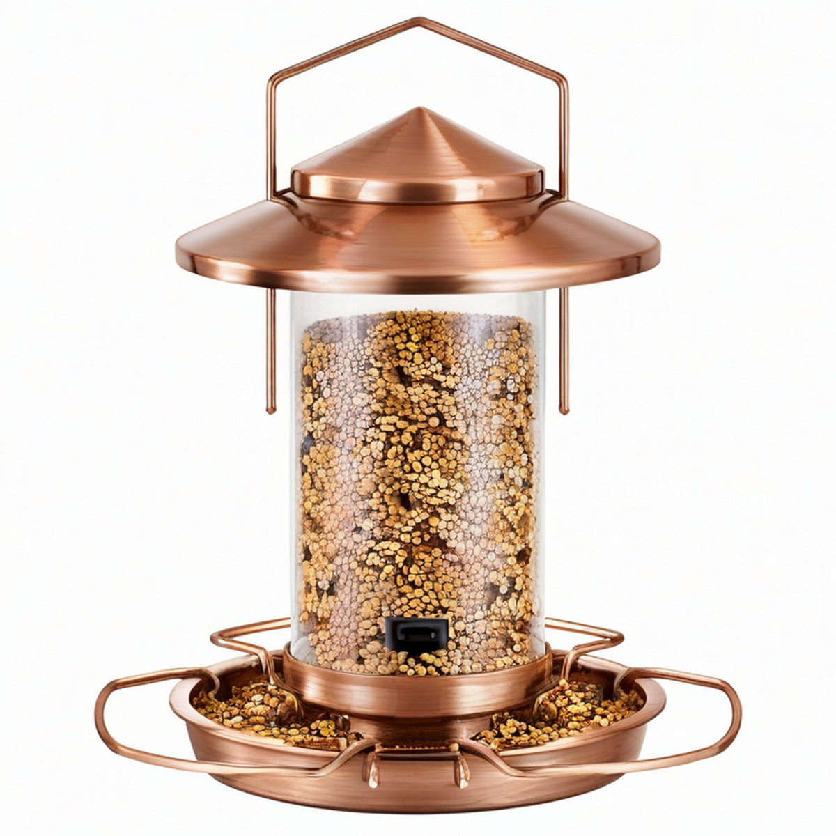 Mangeoire à oiseaux suspendue diamètre 30 cm hauteur 35 cm en métal et plastique transparent cuivre style lanterne