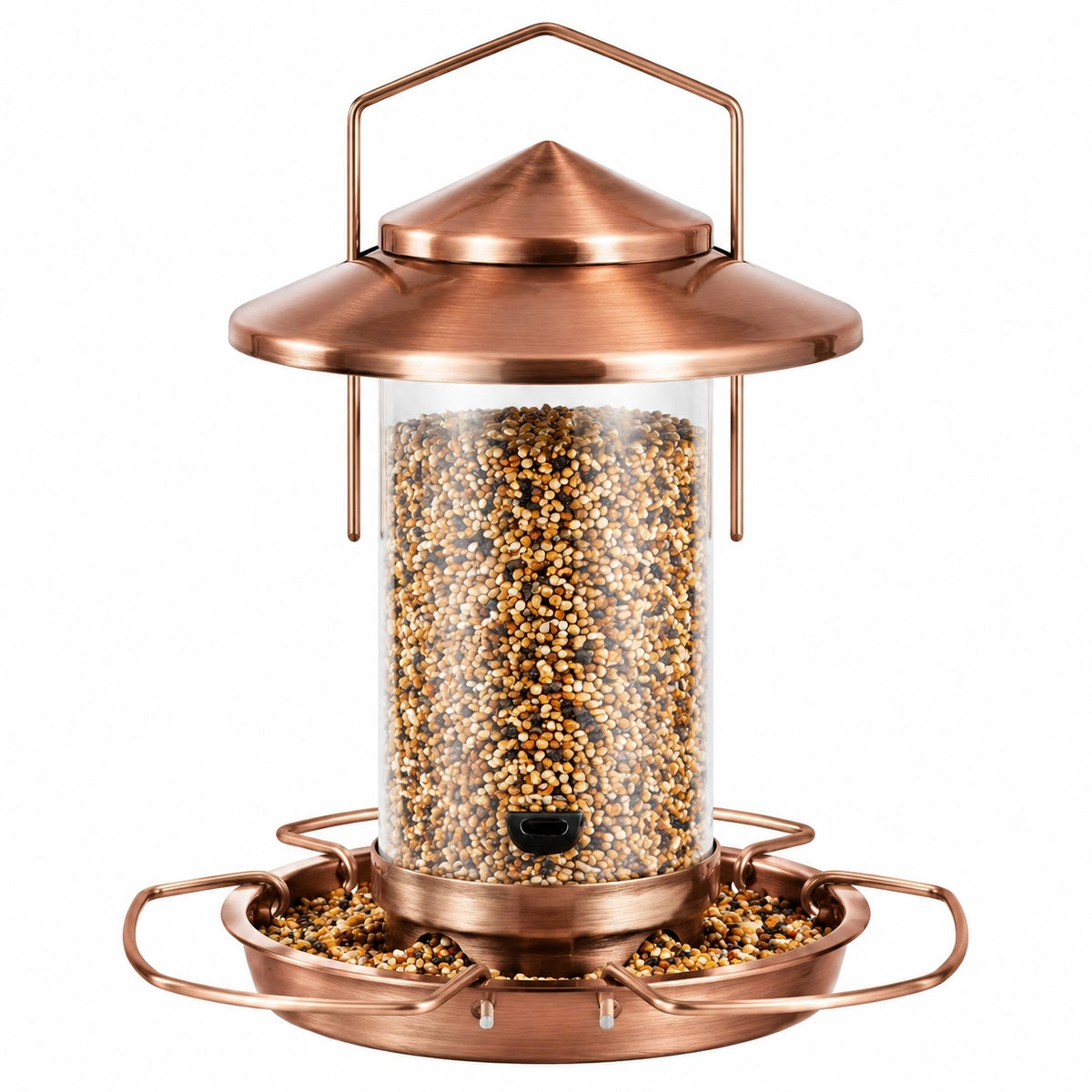 Mangeoire à oiseaux suspendue diamètre 30 cm hauteur 35 cm en métal et plastique transparent cuivre style lanterne