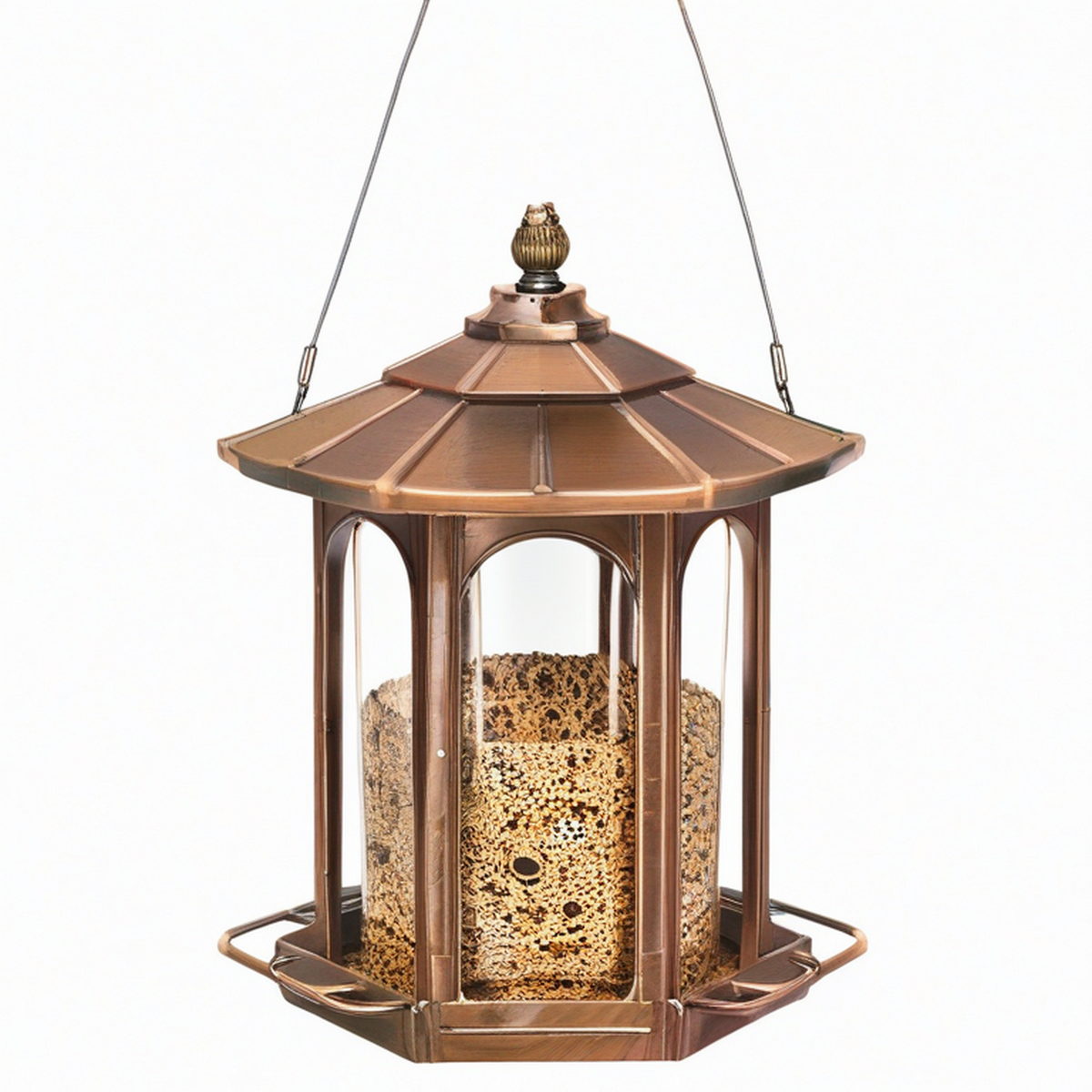 Mangeoire à oiseaux suspendue 25 x 42 cm métal et plastique transparent cuivre style classique
