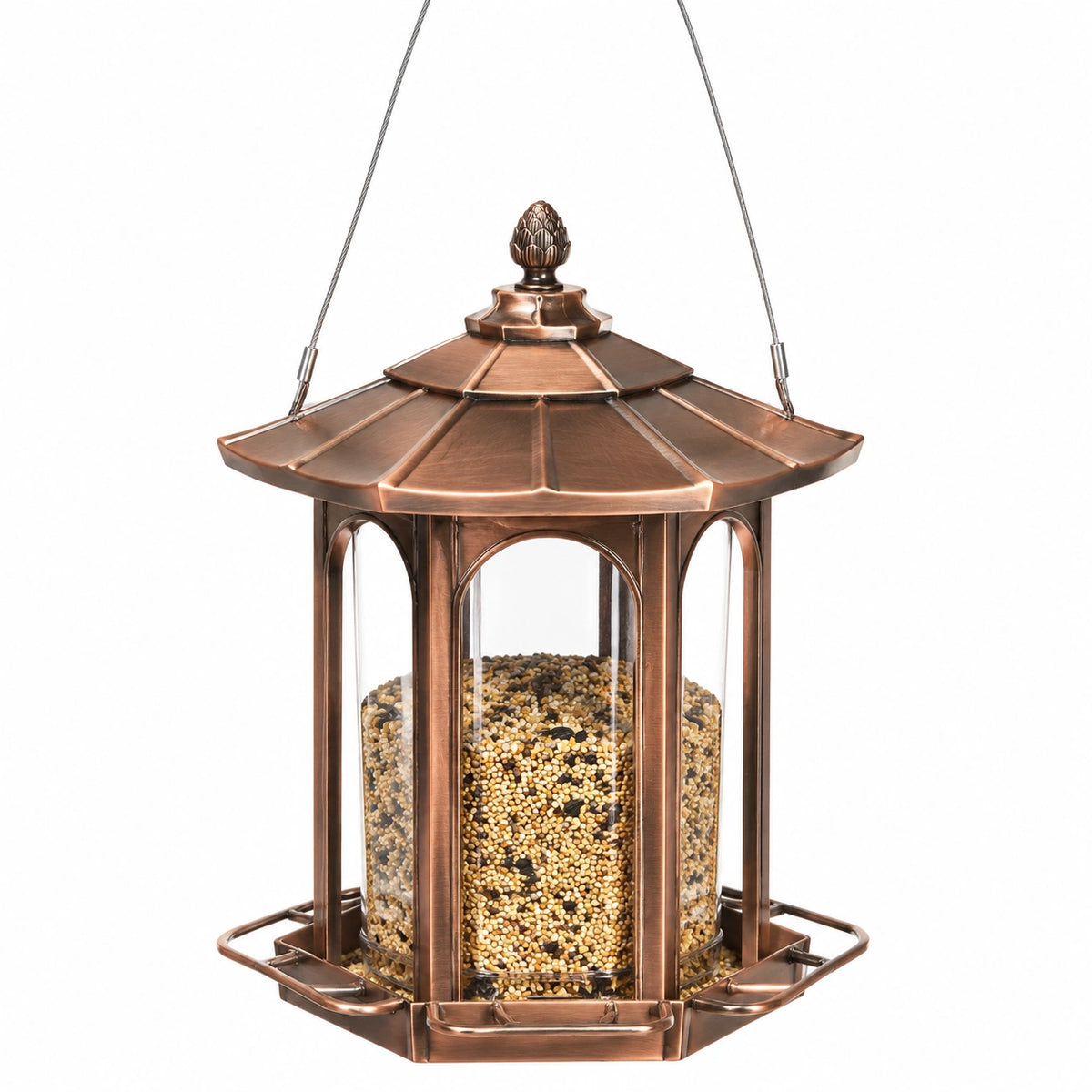 Mangeoire à oiseaux suspendue 25 x 42 cm métal et plastique transparent cuivre style classique
