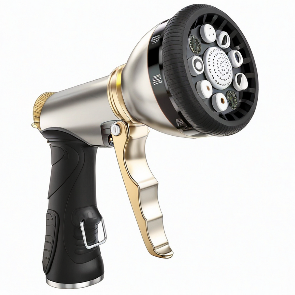 Pistolet d'arrosage 20 x 15 cm en métal et plastique noir argenté doré à jets réglables pour jardin